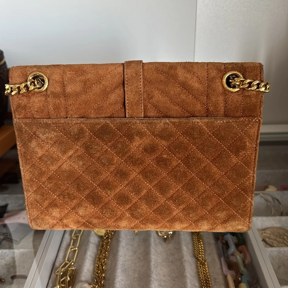 YSL Yves Saint Laurent Brown Suede Quilted Medium Envelope Handbag - Picture 7 of 16